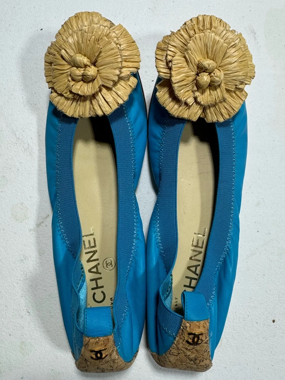 CHANEL Turquoise Ballet Flats with Raffia Flower